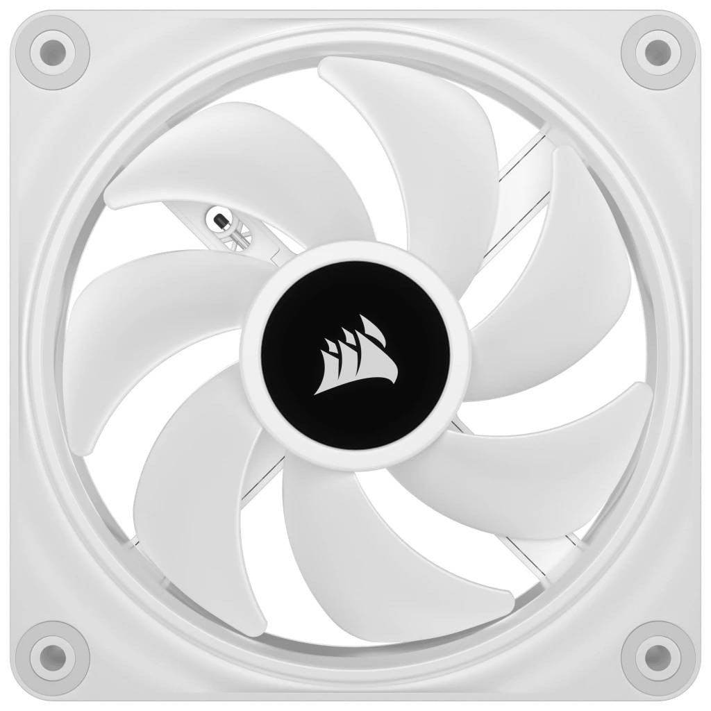 Ein weißer Computerlüfter mit mehreren Rotorblättern, zentralem Logo und quadratischem Rahmen. Geeignet für PC-Kühlung.