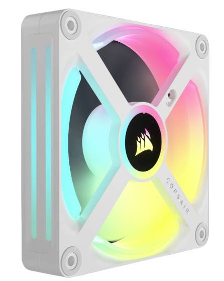 Ein quadratischer Computerventilator mit RGB-Beleuchtung, der in verschiedenen Farben leuchtet. Markierung in der Mitte.