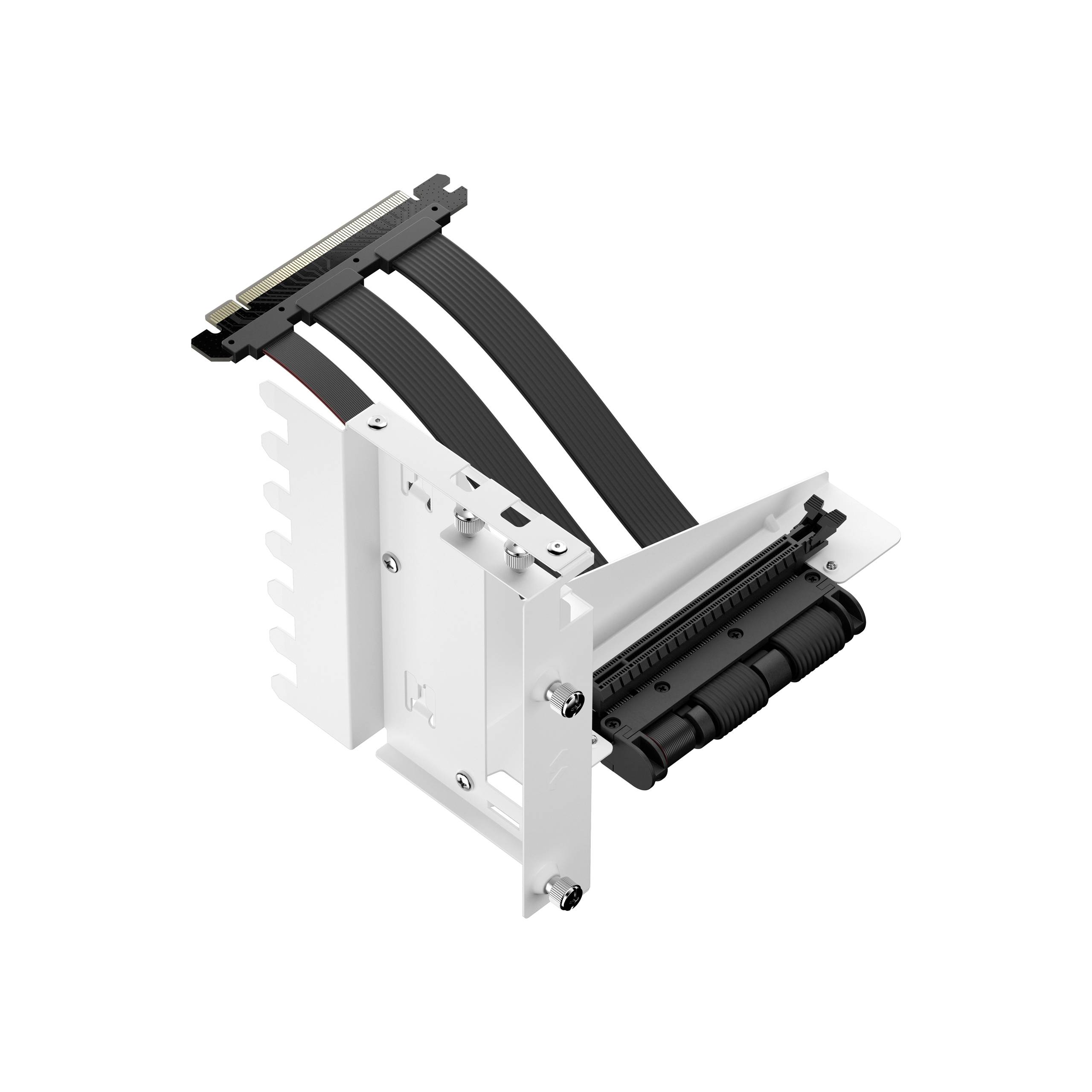 Halterung mit Kabel zur Befestigung einer Grafikkarte in einem Computergehäuse, ermöglicht eine vertikale Ausrichtung der Grafikkarte.