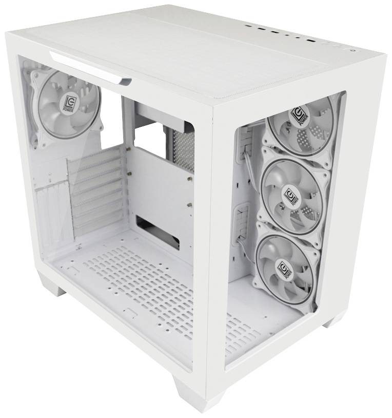 Ein weißes Computergehäuse mit transparenten Seitenteilen, das die Lüfter und Platz für Hardwarekomponenten zeigt.
