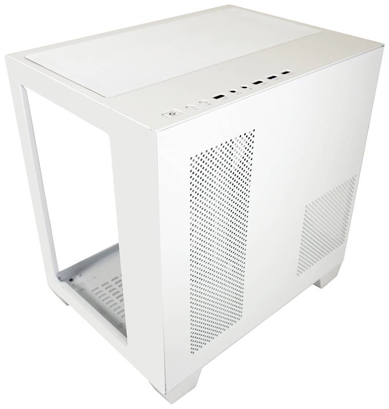 Weißes Computergehäuse mit sichtbarer Belüftung auf der Seite und mehreren Anschlüssen oben. Geeignet für PC-Bauprojekte.