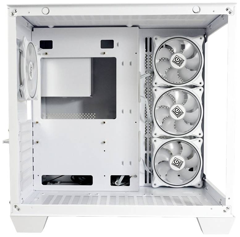 Ein offenes Computergehäuse in Weiß zeigt drei Lüfter an der rechten Seite und Platz für Komponenten im Inneren.