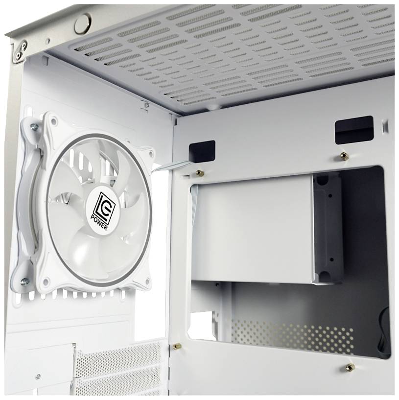 Ein weißes Computergehäuse-Inneres mit montiertem Lüfter links und Platz für weitere Komponenten rechts, geeignet für Technikaufbauten.