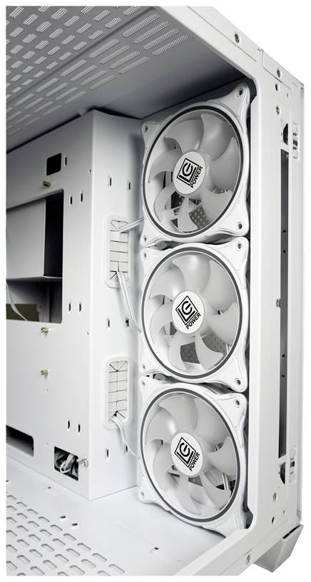 Gehäuseinnenseite eines Computers mit drei weißen Lüftern in Reihe montiert.