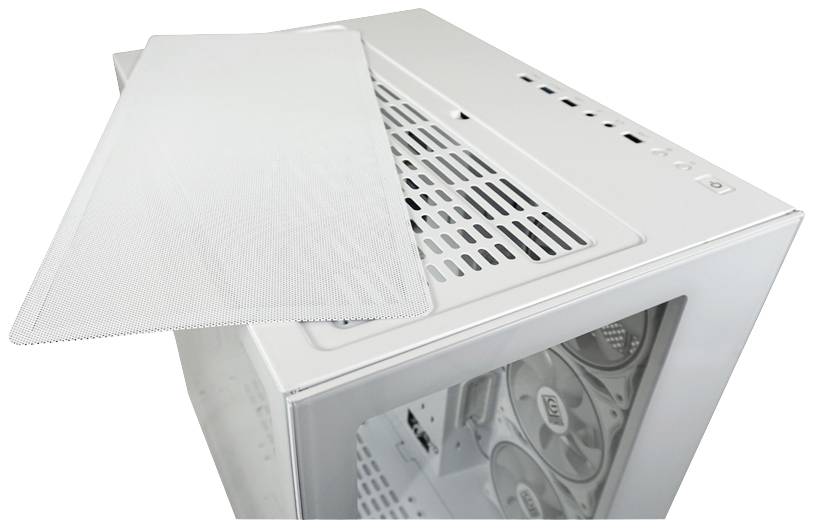 Computergehäuse mit Glasfenster, zeigt installierte Lüfter und ein abnehmbares Staubfilter am oberen Gitter.