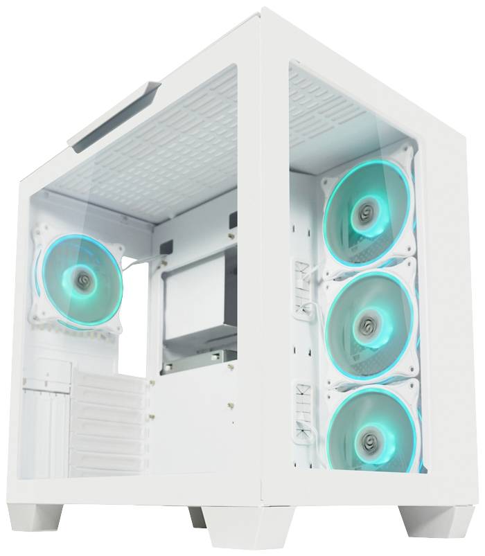 Ein weißes Computergehäuse mit sechs beleuchteten Lüftern, die einen blauen Schimmer haben. Das Gehäuse hat ein transparentes Seitenteil.
