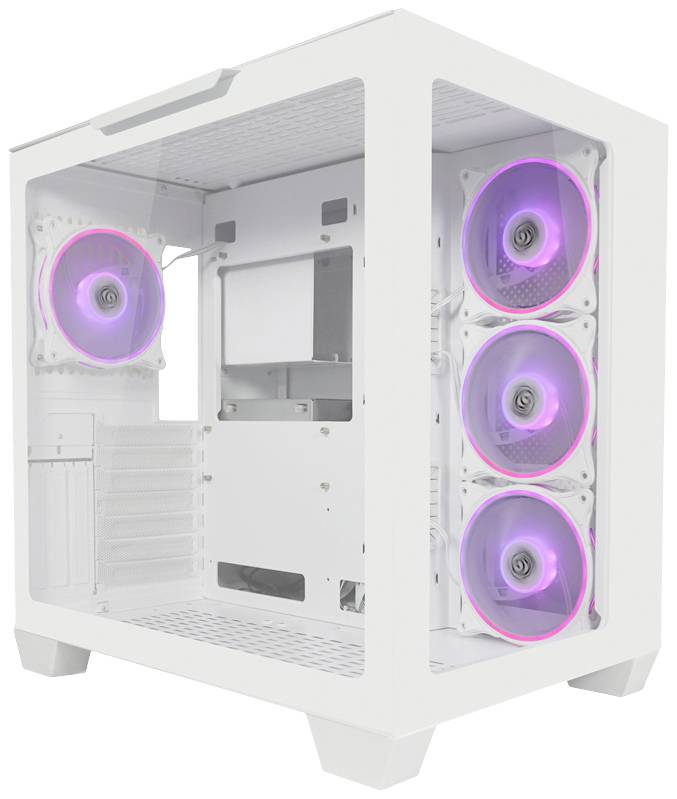 Ein weißes PC-Gehäuse mit transparenten Seiten zeigt vier leuchtende, lila beleuchtete Lüfter, die im Inneren montiert sind.