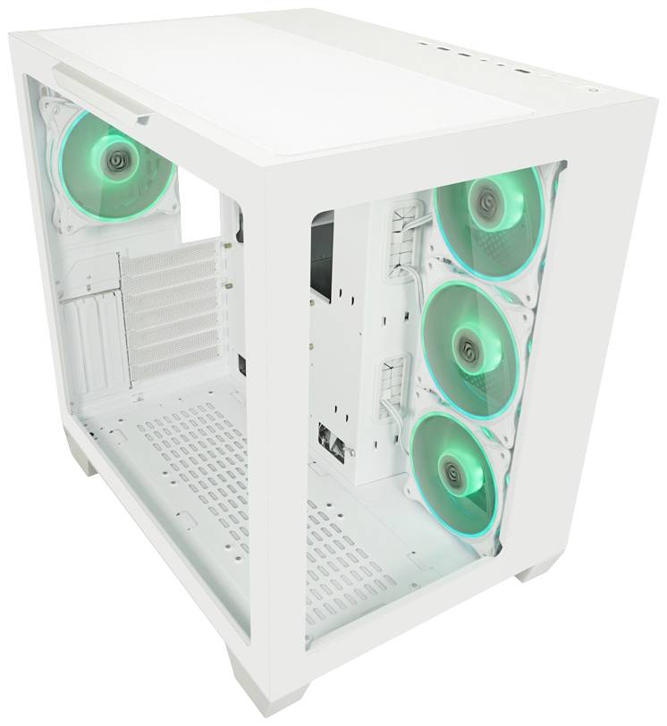 Ein weißes Computergehäuse mit vier eingebauten grünen LED-Lüftern, die auf der Rückseite und Oberseite montiert sind.