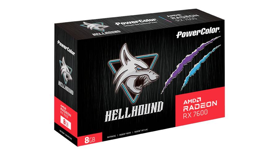 Verpackung der Grafikkarte PowerColor AMD Radeon RX 7600 Hellhound mit 8 GB, zeigt Markenlogo mit Wolf und Krallenkratzspuren.