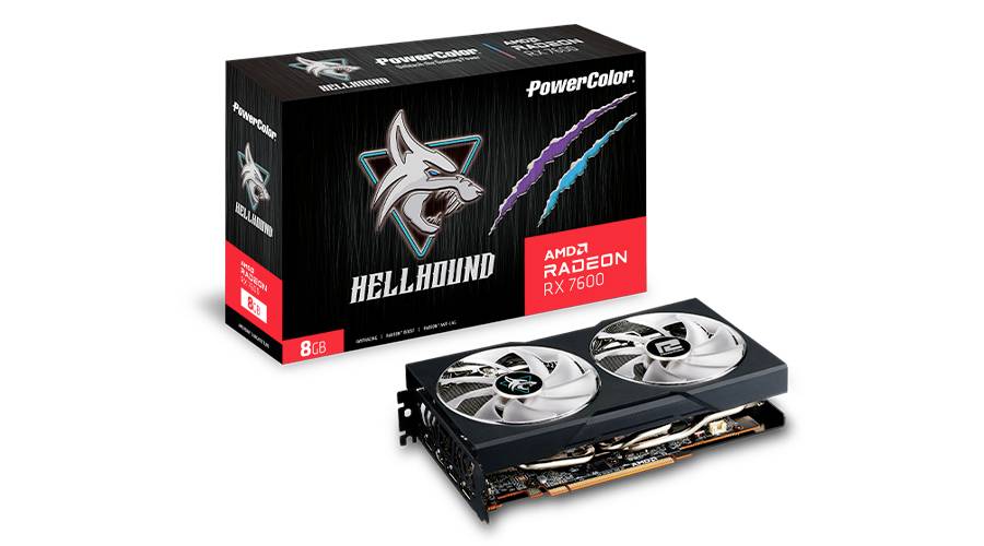 Grafikkarte PowerColor Hellhound AMD Radeon RX 7600 mit Verpackung. Verpackung zeigt Logo und Modellname, betont Gaming-Leistung.