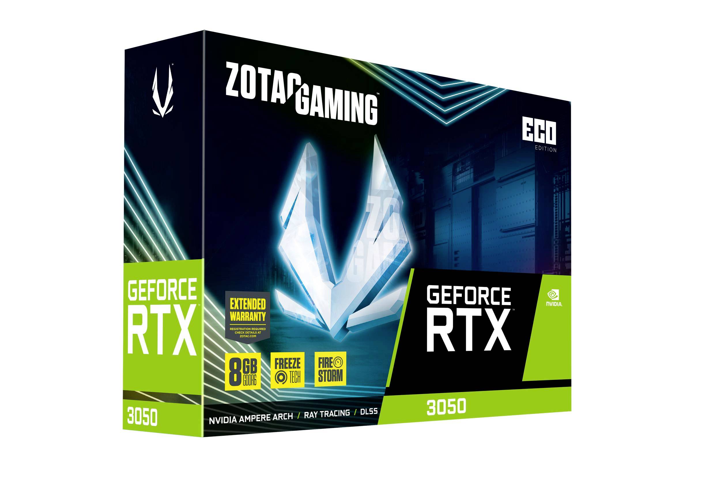 'Zotac Gaming GeForce RTX 3050' Grafikkarten-Verpackung zeigt das Logo und technische Spezifikationen wie 8GB Speicher und ECO-Edition.