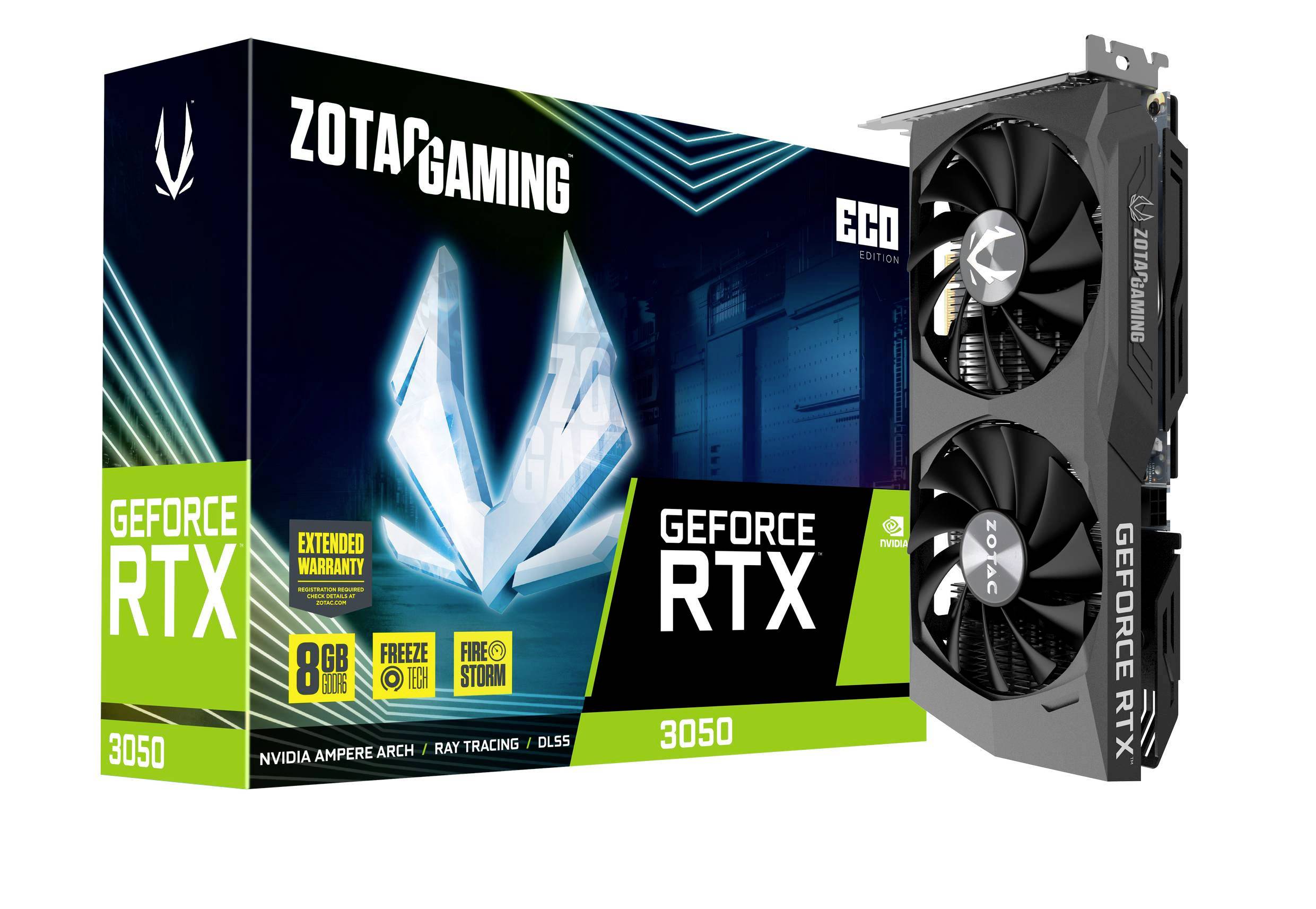 Eine ZOTAC GAMING GeForce RTX 3050 Grafikkarte neben ihrer Verpackung. Die Verpackung hebt '8GB GDDR6', 'Extended Warranty' und 'Ray Tracing' hervor.