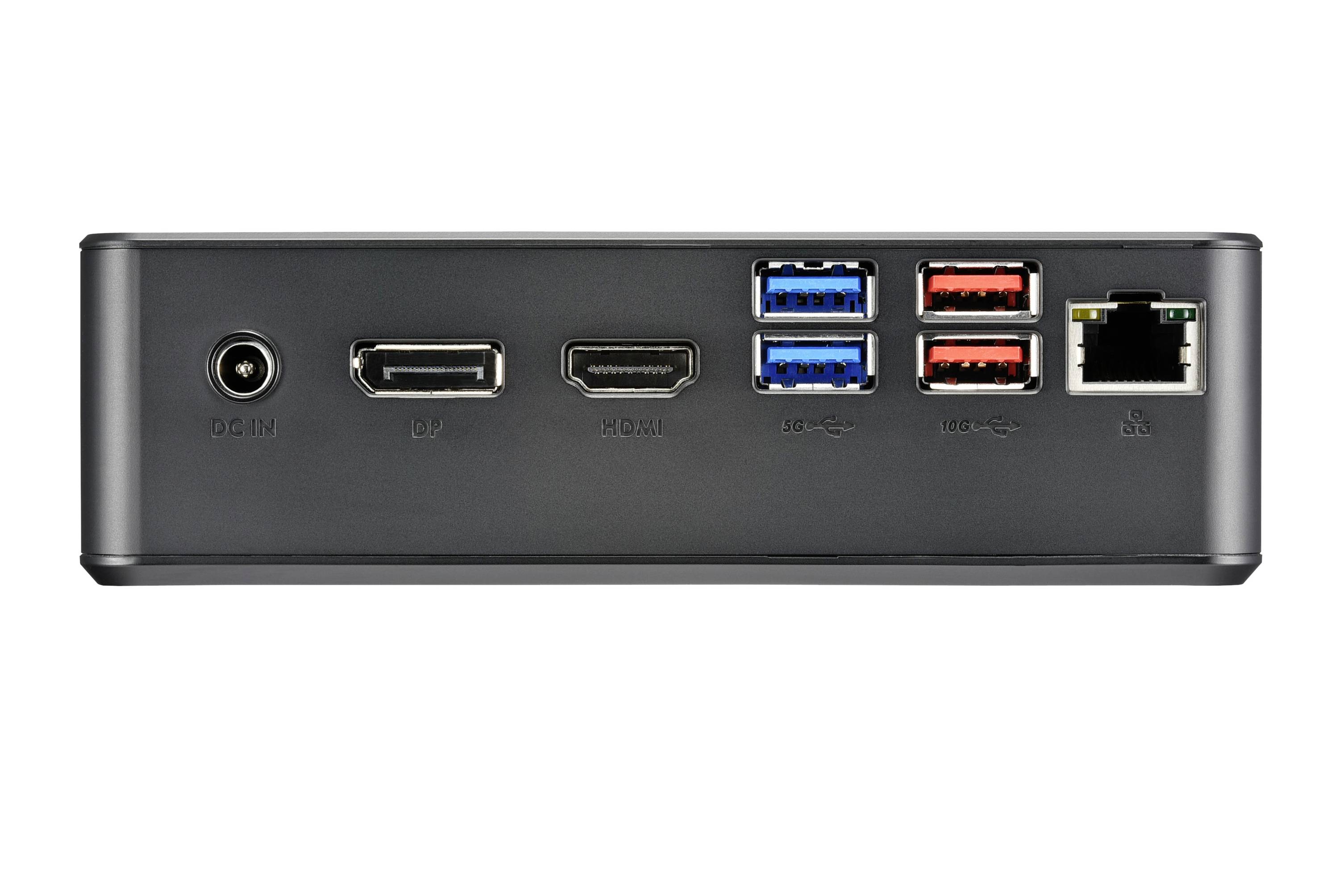 Ein schwarzes Gerät mit Anschlüssen: Strom, DisplayPort, HDMI, vier USB-Ports und Ethernet. Rückansicht eines elektronischen Geräts.