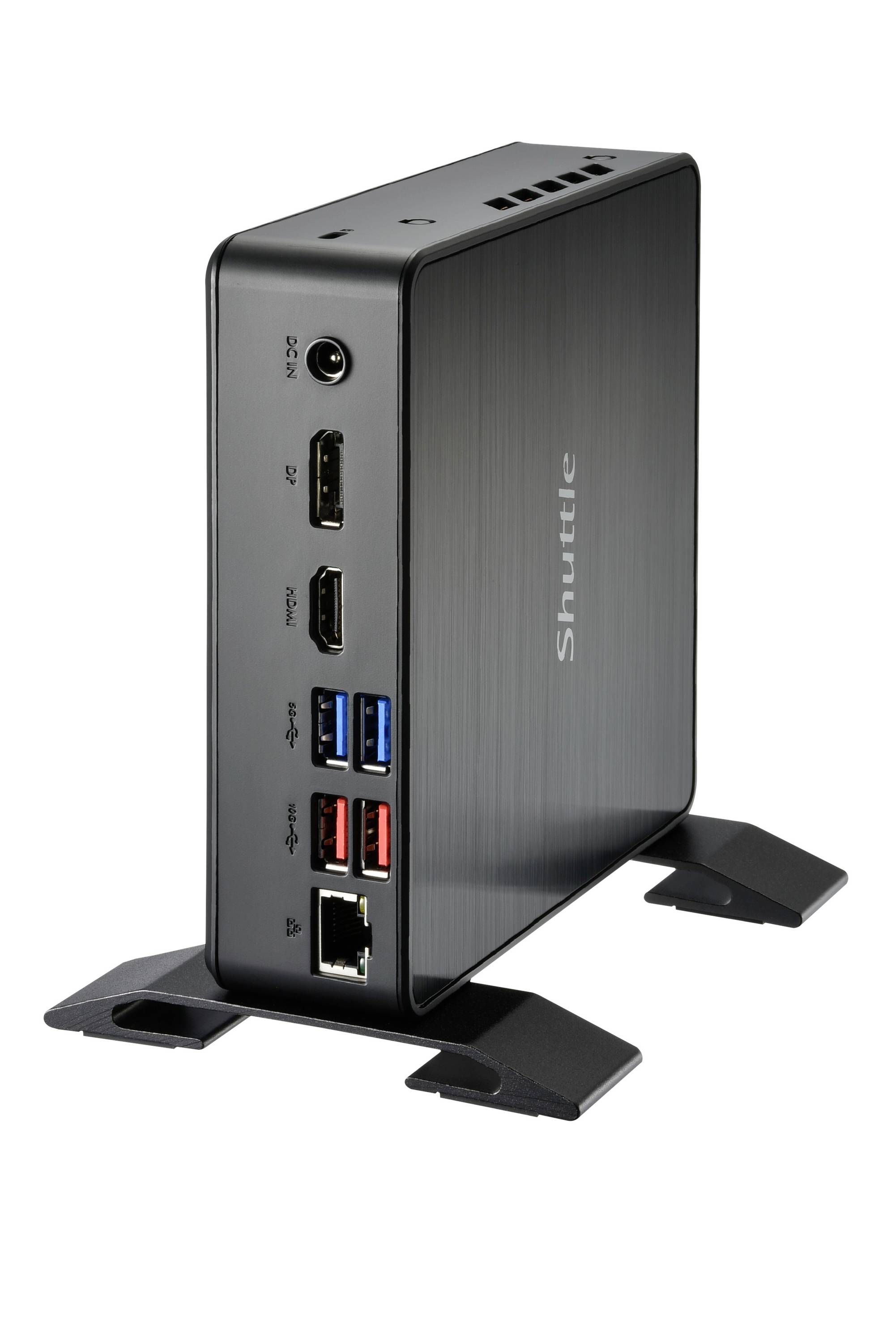 Ein schwarzer Mini-PC steht vertikal auf einem Ständer. Er hat Anschlüsse für HDMI, USB und Ethernet an der Vorderseite.