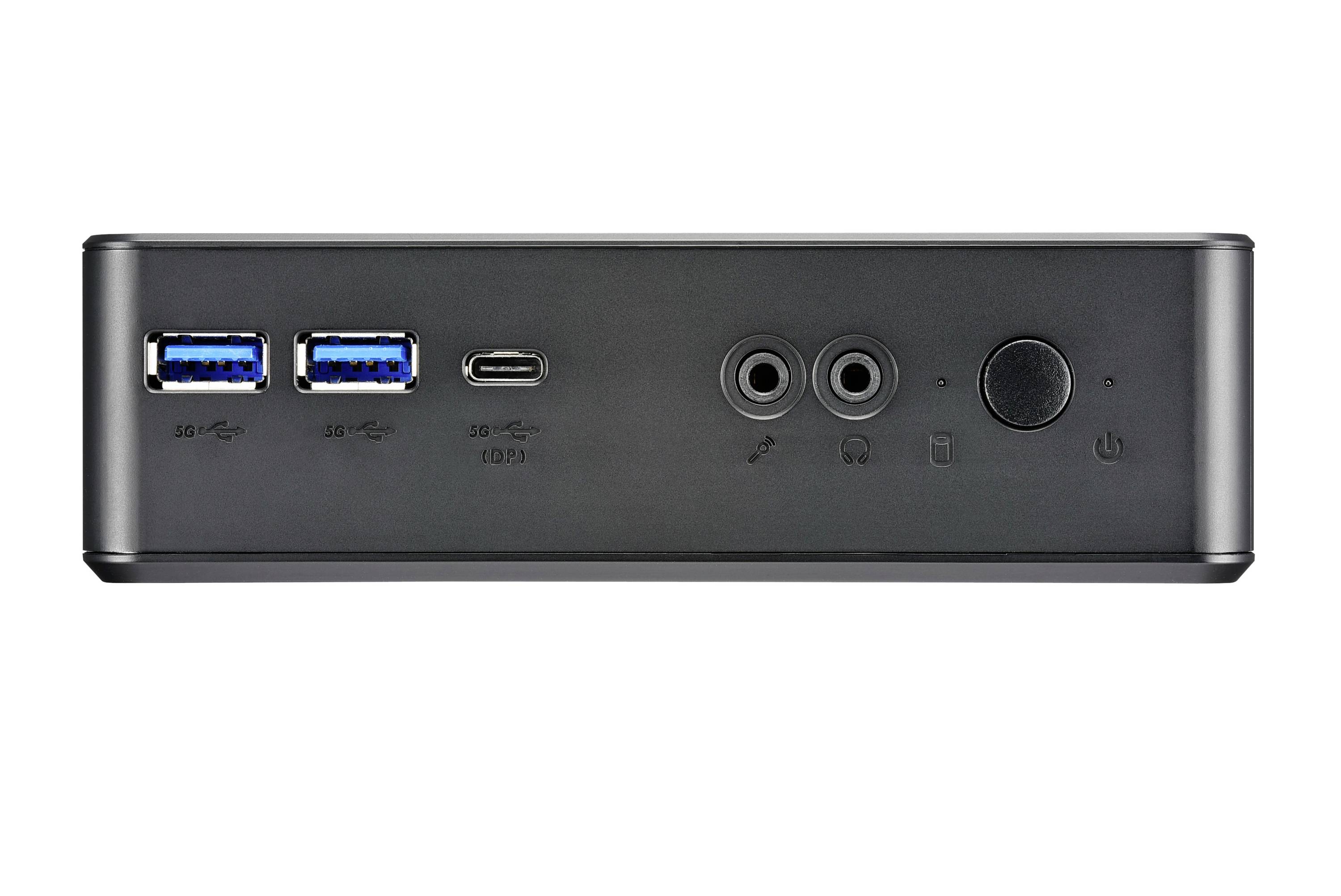 Vorderansicht eines schwarzen Mini-PCs mit zwei USB-Anschlüssen, einem USB-C-Anschluss, Mikrofon- und Kopfhöreranschlüssen sowie einem Netzschalter.