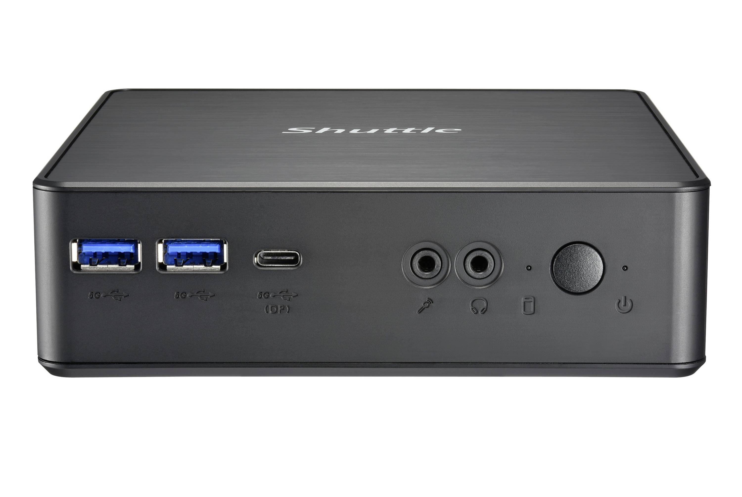 Schwarzer Mini-PC mit 'Shuttle'-Logo vorne, zwei USB-Anschlüssen, Kopfhörer- und Mikrofonanschlüssen, sowie einem Netzschalter.