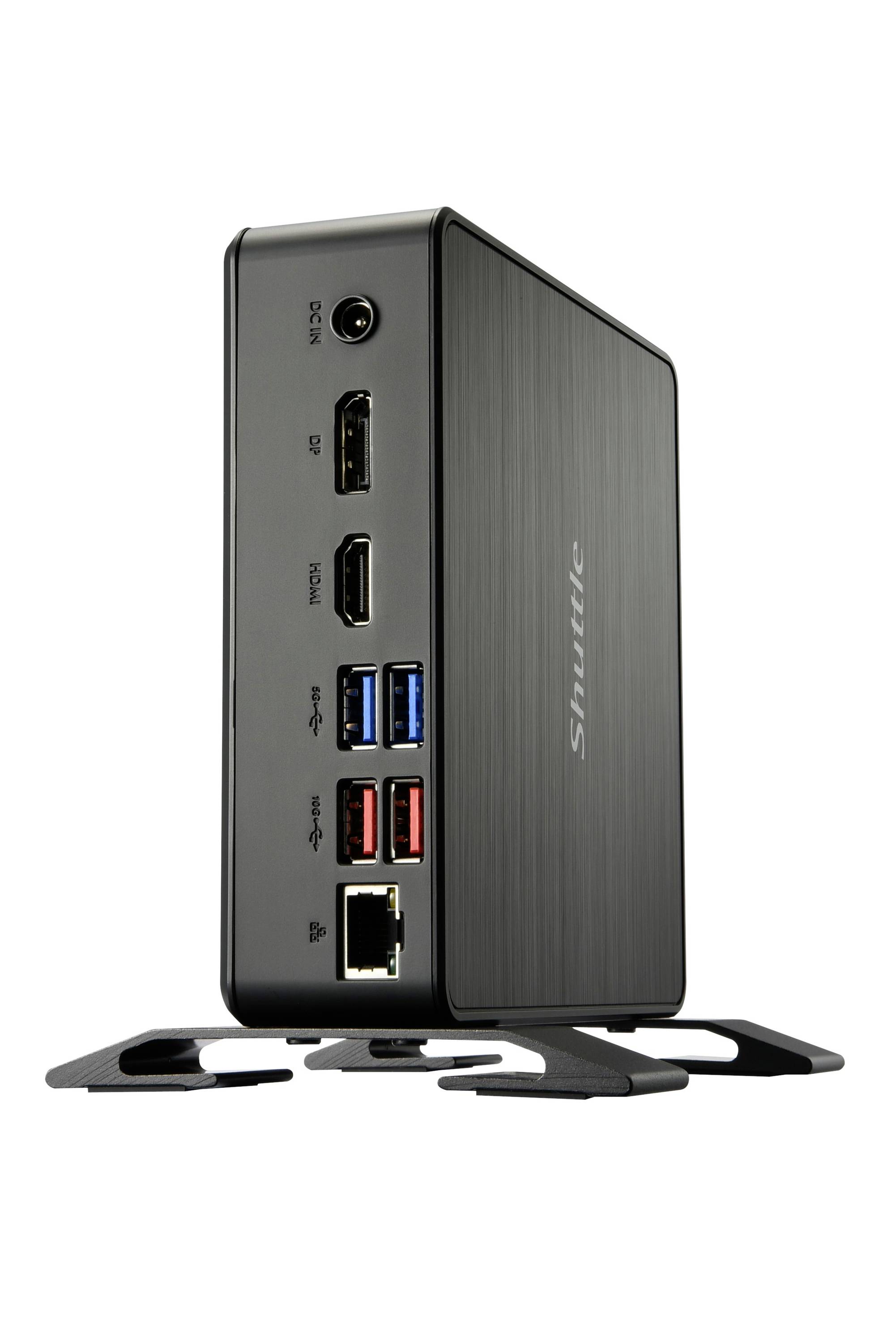 Kompakter Shuttle-Computer mit verschiedenen Anschlüssen: HDMI, DisplayPort, USB und Ethernet. Steht auf einem Standfuß.