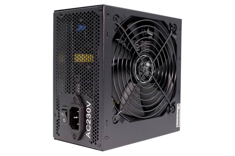 Computer-Netzteil mit Lüfter und 230V-Anschluss, schwarzes Gehäuse. Geeignet für die Stromversorgung von PCs.