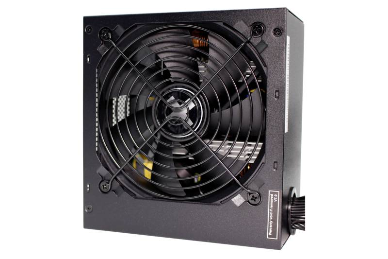 Ein schwarzes Computer-Netzteil mit Lüfter vorne, schwarzer Schutzgitter.
