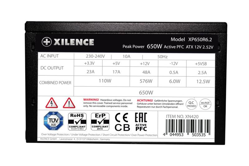 Netzteil von Xilence, Modell XP650R6.2, maximale Leistung 650W. Enthält Eingang/Ausgangswerte, Warnhinweise und Zertifikate.