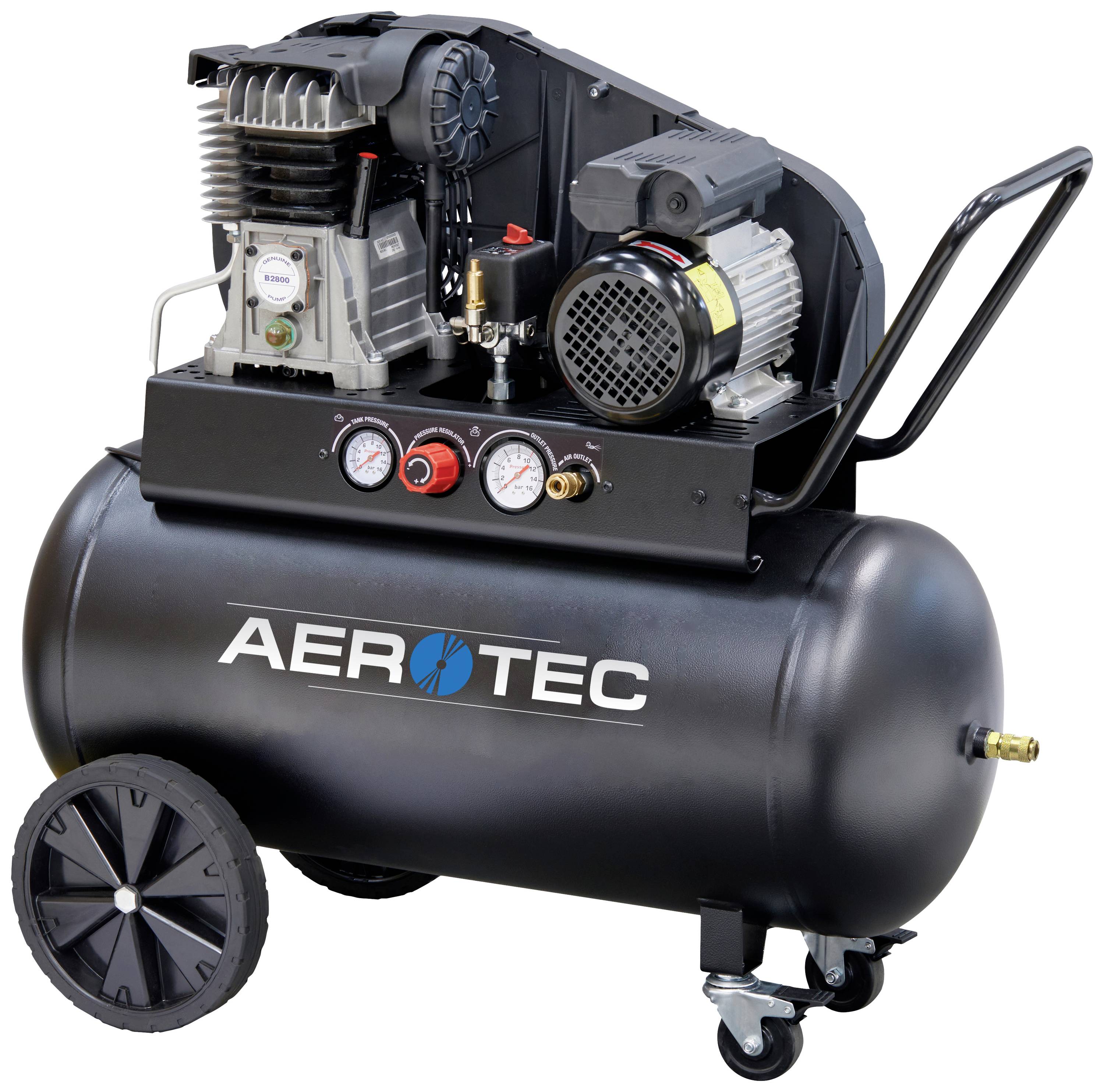 Ein schwarzer mobiler Luftkompressor mit Anschlüssen und Druckanzeigen. Beschriftet mit 'AEROTEC'.