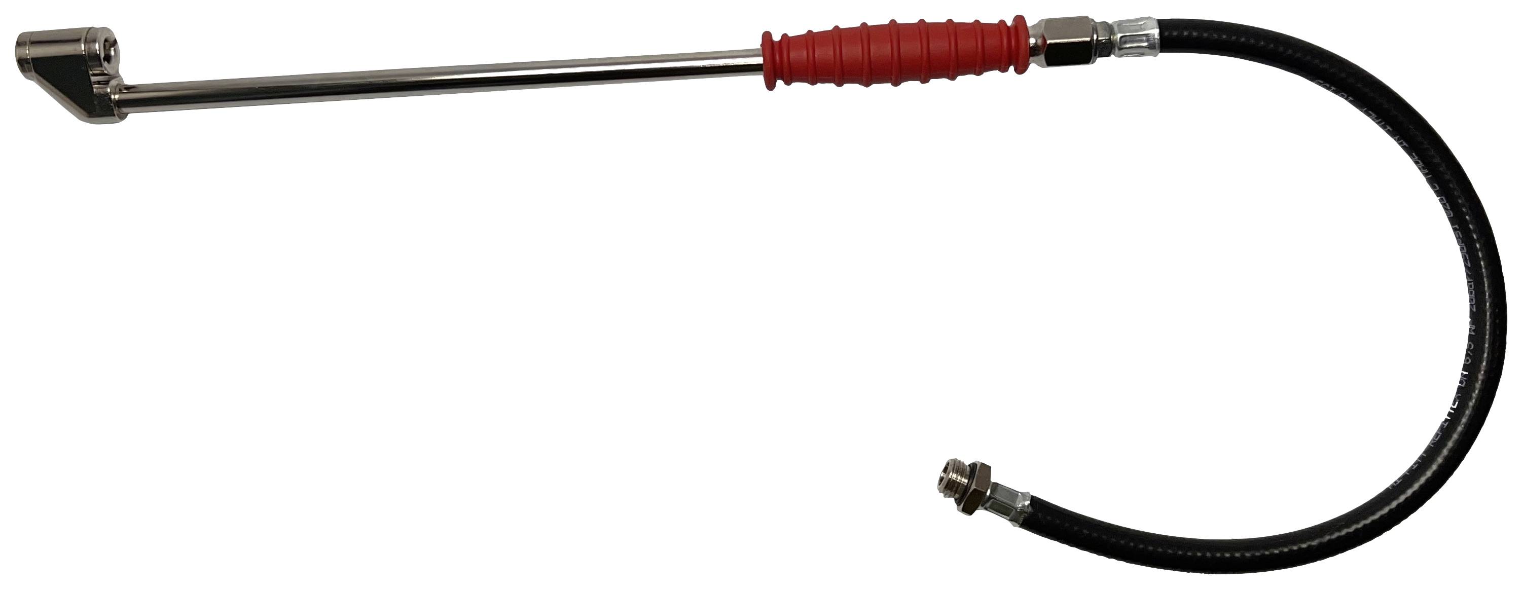 Luftdruckprüfer mit langem Griff und flexiblem Schlauch, rot-schwarzer Griff, Metallanschluss, geeignet für Reifen.