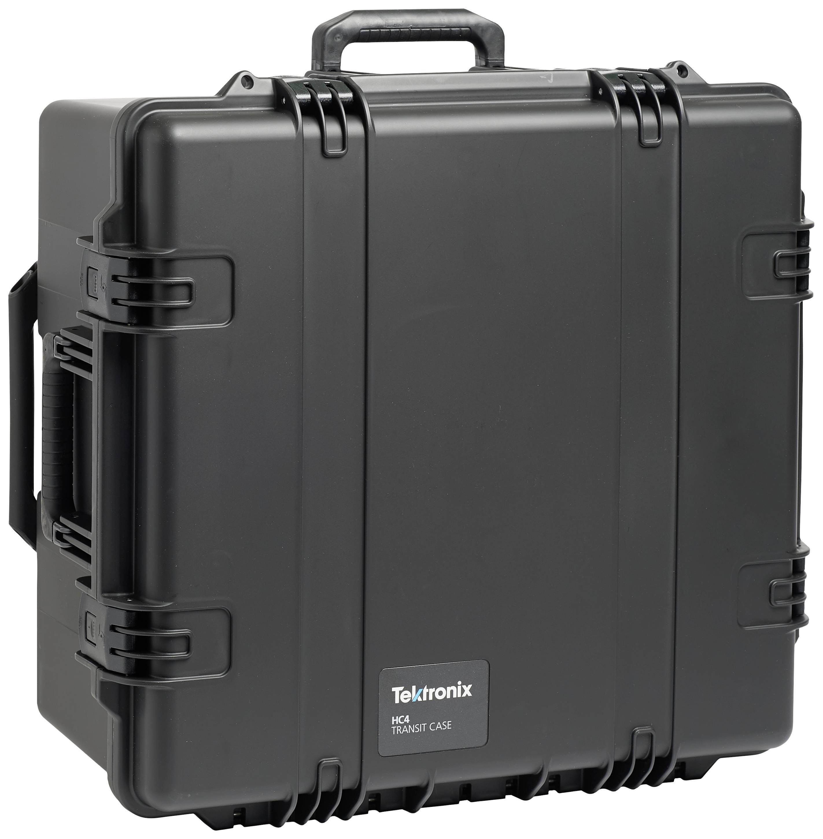 Schwarzer Hartschalenkoffer mit Griff, markiert mit 'Tektronix HCA Transit Case', geeignet für sicheren Transport empfindlicher Geräte.