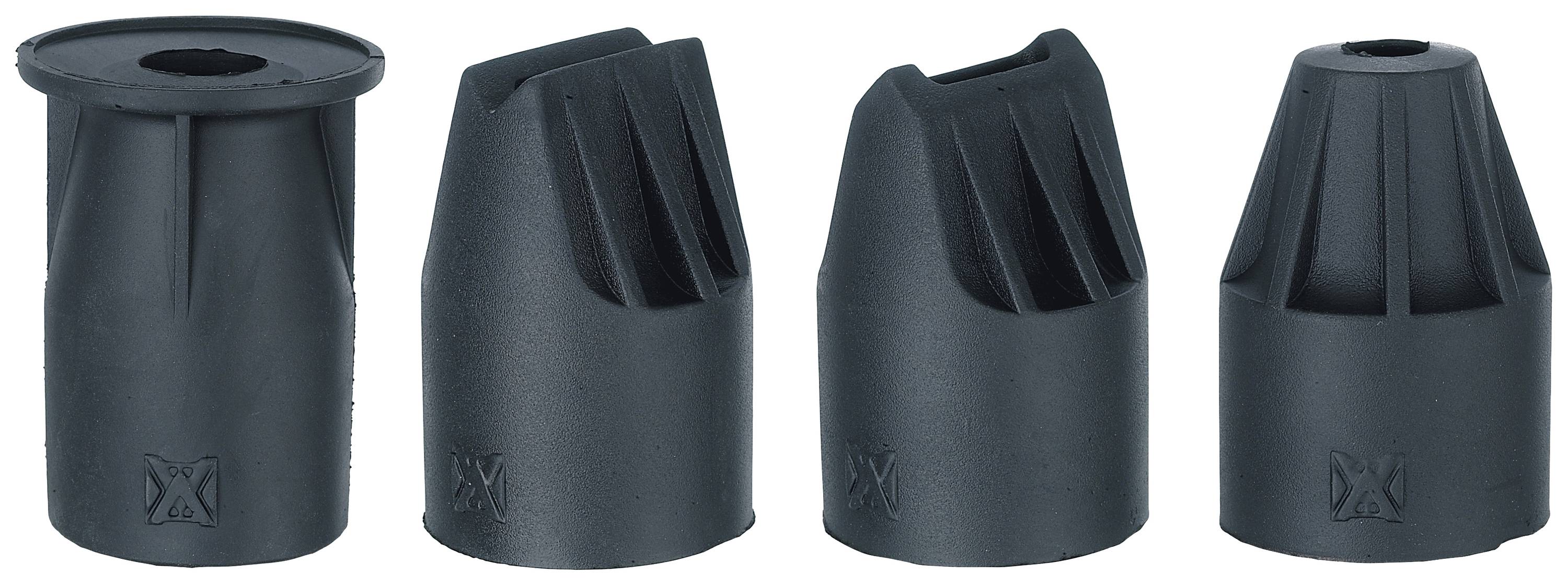 Vier schwarze, austauschbare Düsenaufsätze für Werkzeuge, jeweils mit unterschiedlichem Design und Struktur für spezifische Anwendungen.