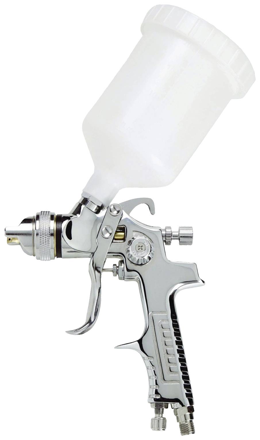Silberne Spritzpistole mit weißem Farbbehälter. Sie wird zum gleichmäßigen Auftragen von Farbe auf Oberflächen verwendet.