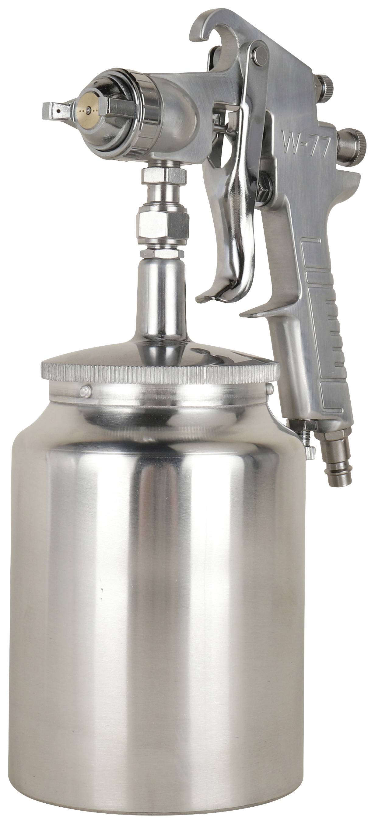 Silberne Spritzpistole mit einstellbarer Düse und Abzug, befestigt an einem Metallbehälter. Geeignet für Lackierarbeiten.