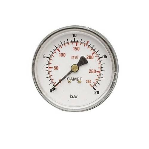 Manometer zeigt Druck in psi und bar an, mit Zeiger auf etwa 290 psi und 20 bar.