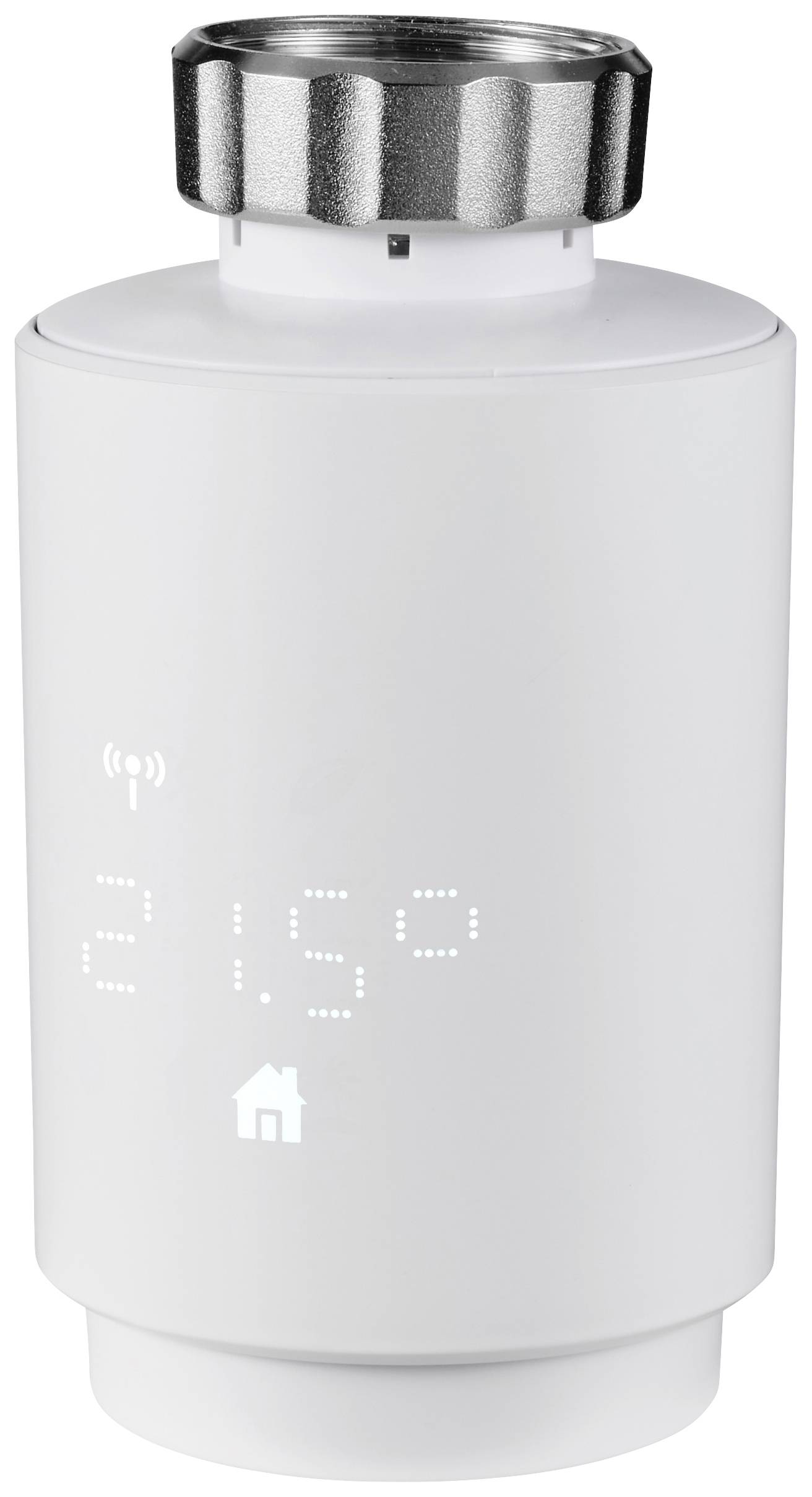 Weißer, zylindrischer Smart-Heizkörper-Thermostat mit LED-Anzeige für Temperatur und WLAN-Signal, oben mit Metallgewinde.