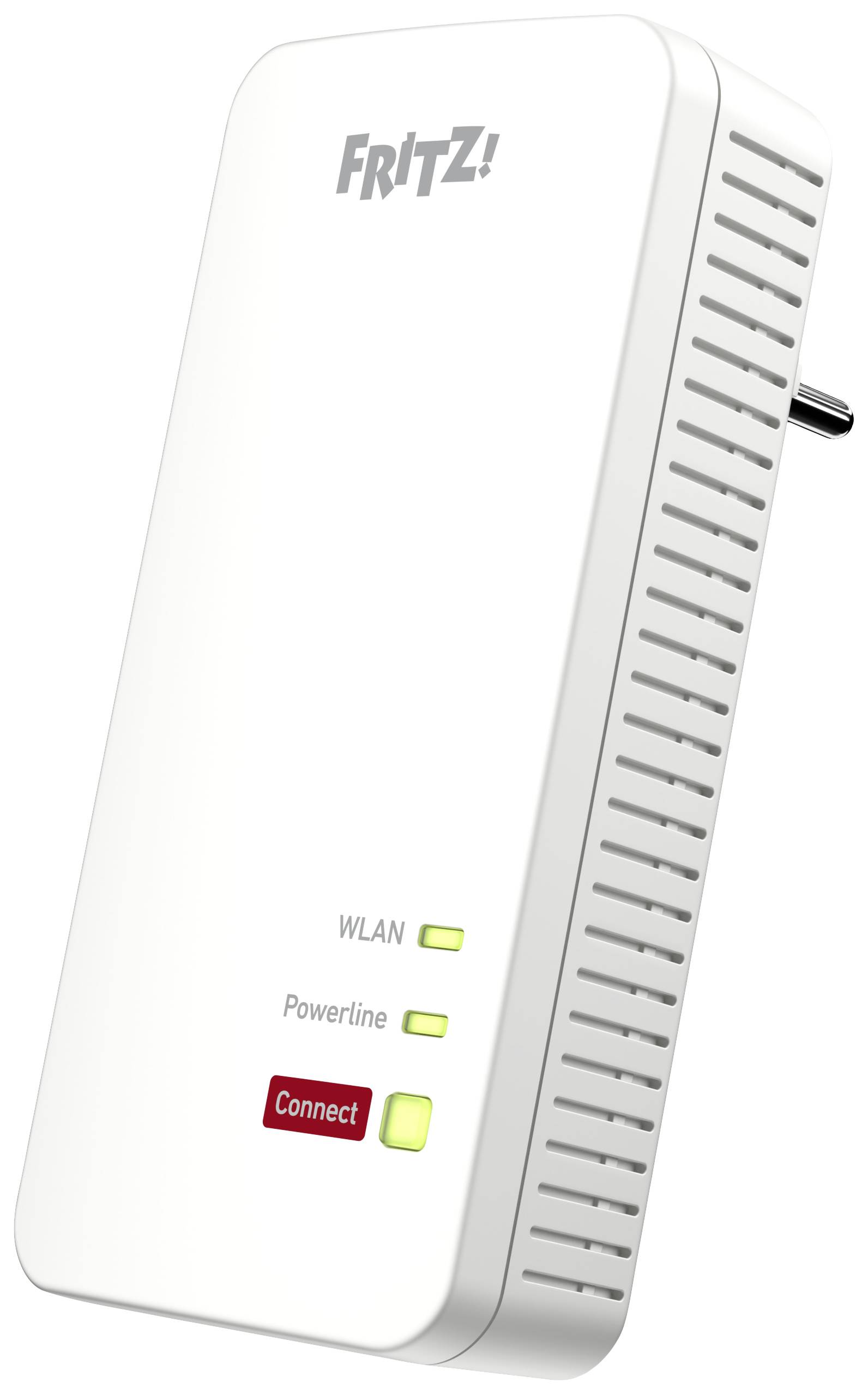 Ein weißer Fritz! Powerline-Adapter mit Steckdosenanschluss. Drei LEDs zeigen WLAN, Powerline und Verbindungsstatus an.