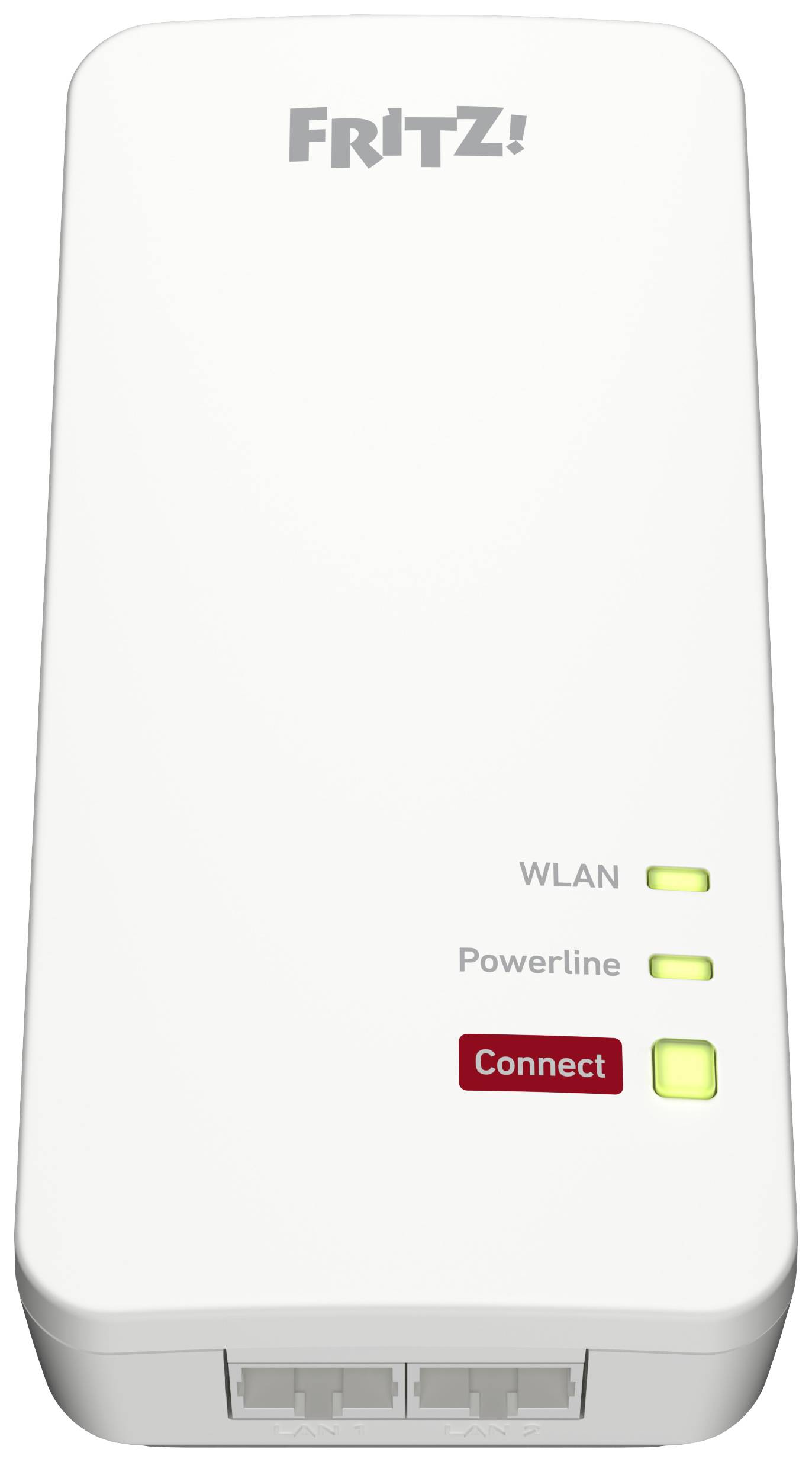 Ein weißer FRITZ! WLAN-Repeater mit drei Leuchtanzeigen: 'WLAN', 'Powerline' und 'Connect'. Geeignet zur Verstärkung des drahtlosen Netzwerksignals.