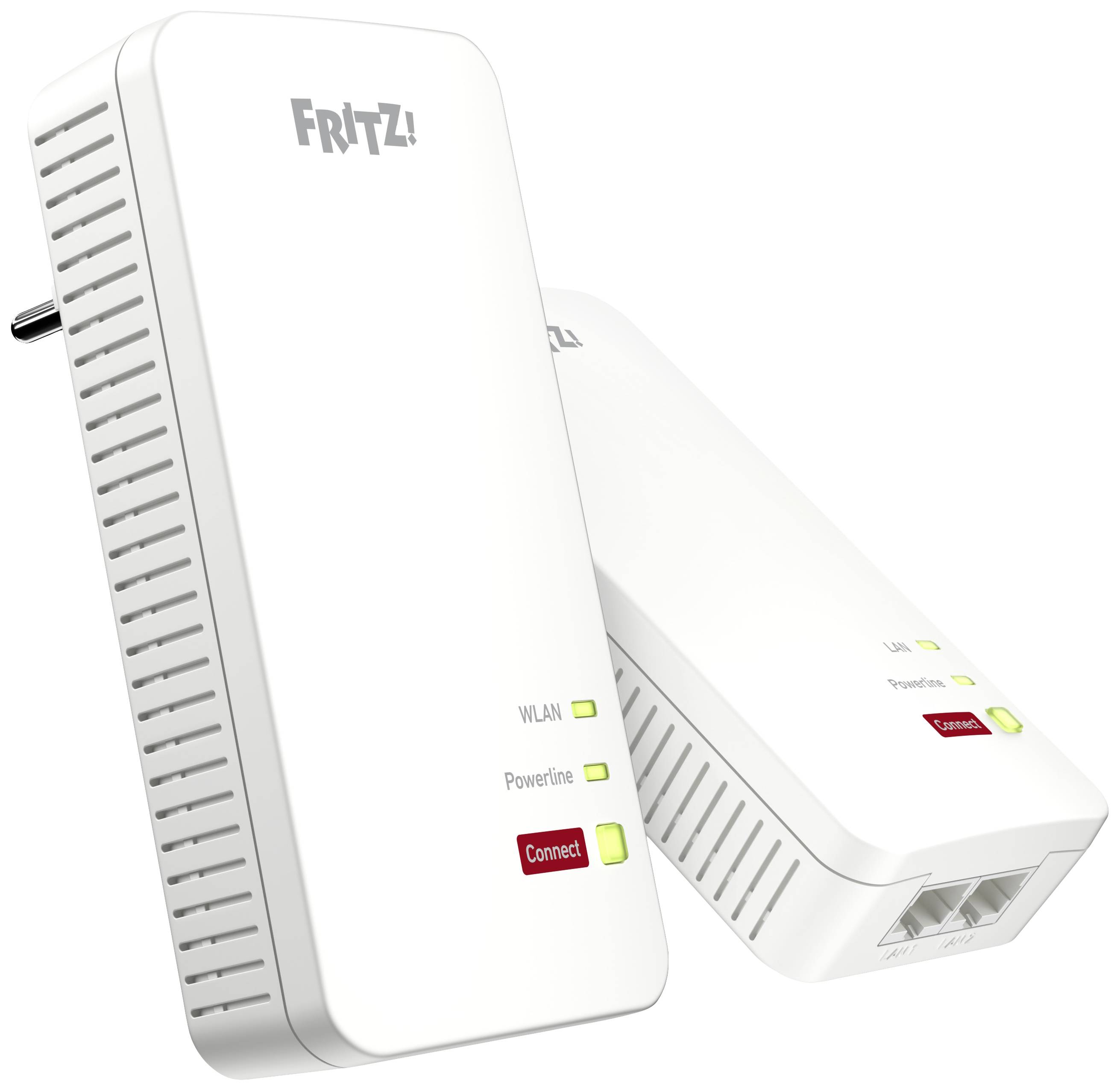 FRITZ!Powerline-Adapter-Set: Zwei weiße Adapter mit LED-Anzeigen für WLAN und Powerline. Hauptadapter mit Stromanschluss und Ethernet-Ports.