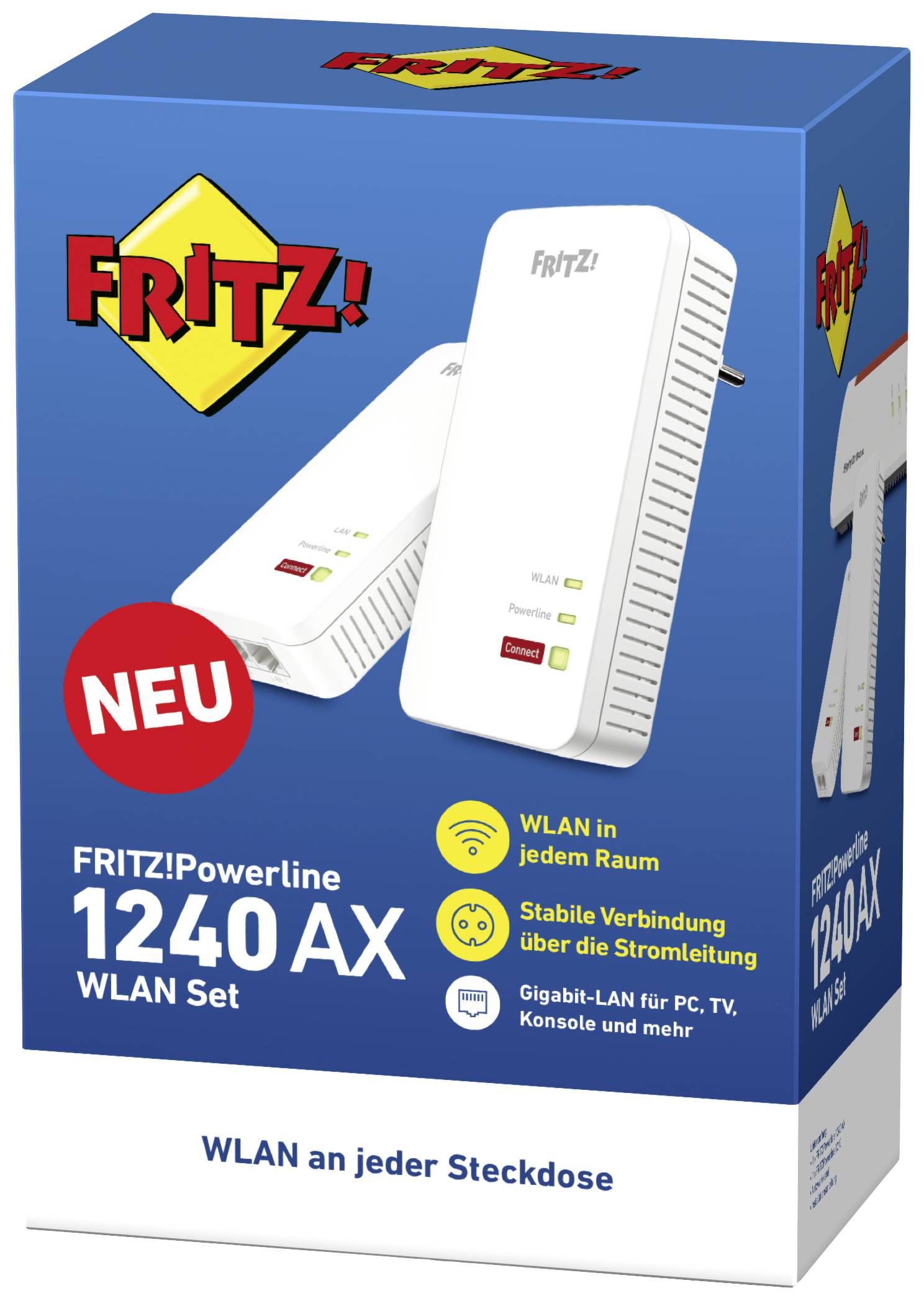 FRITZ!Powerline 1240 AX WLAN Set auf Verpackung. 