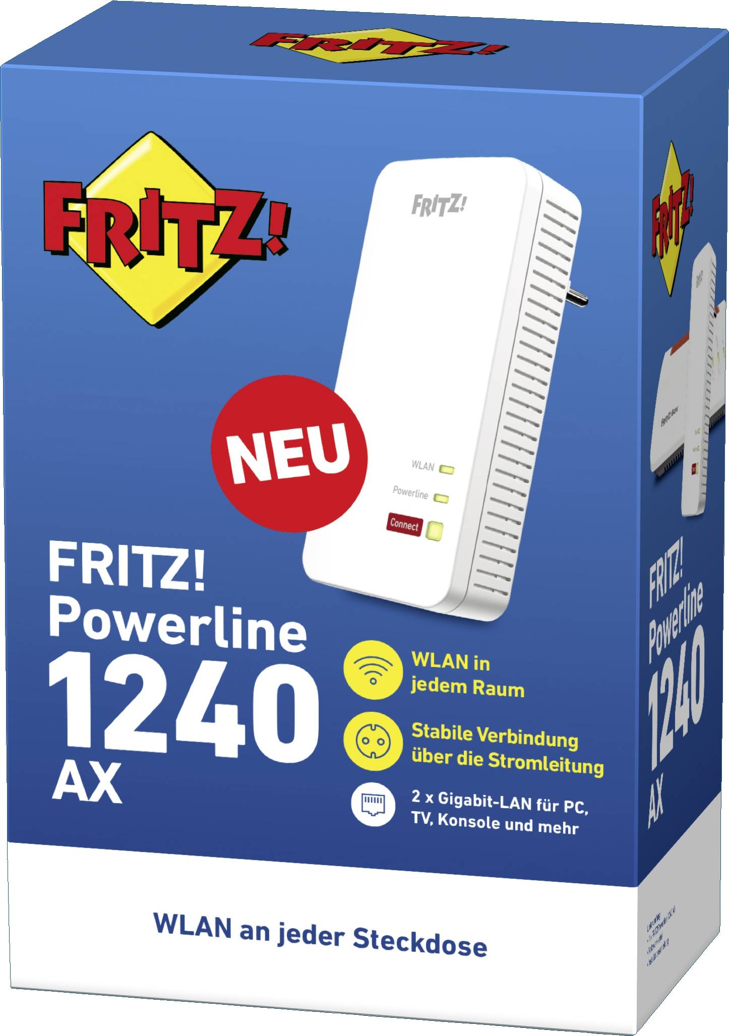 'FRITZ! Powerline 1240 AX' Verpackung: WLAN und LAN Verbindung über Stromleitung, stabile Internetverbindung, geeignet für PC und Konsole.