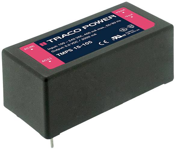 Ein Traco Power-Modul mit der Aufschrift 'TMPS 15-105'. Es zeigt Eingangs- und Ausgangswerte: Eingang 100-240V, Ausgang 5V.