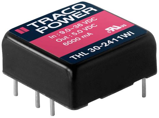 Elektronisches Bauteil mit der Aufschrift 'TRACO POWER', Eingang 9-36 VDC, Ausgang 5 VDC, 6000 mA, Modell THL 30-2411WI. Sechs Anschlusspins.