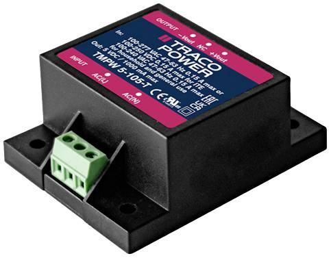 Ein schwarzes elektronisches Modul mit grünen Anschlüssen und rotem Etikett. Aufschrift: 'TRACO POWER INPUT AC/IN'. Adapter für Stromversorgung.