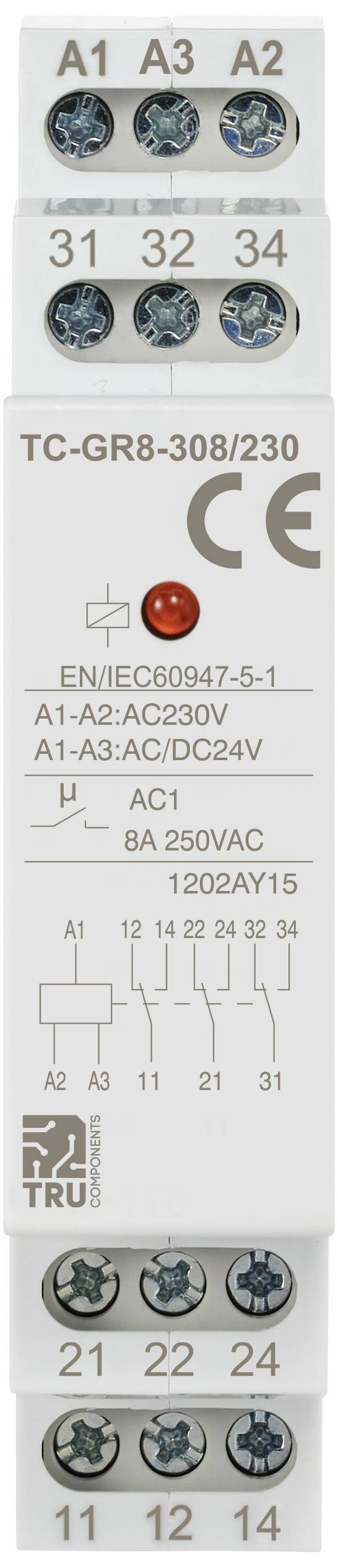 TRU COMPONENTS TC-GR8-308/230 Hilfsschalter 3 Wechsler 24 V/AC, 24 V/DC, 230 V/AC 8A 1St.
