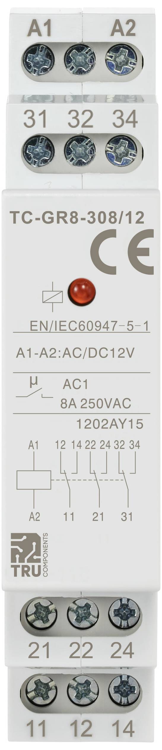 Ein elektrisches Relaismodul mit Schraubklemmen, CE-Zeichen, Spezifikationen 'AC/DC 12V' und '8A 250VAC'. Modellnummer: TC-GR8-308/12.