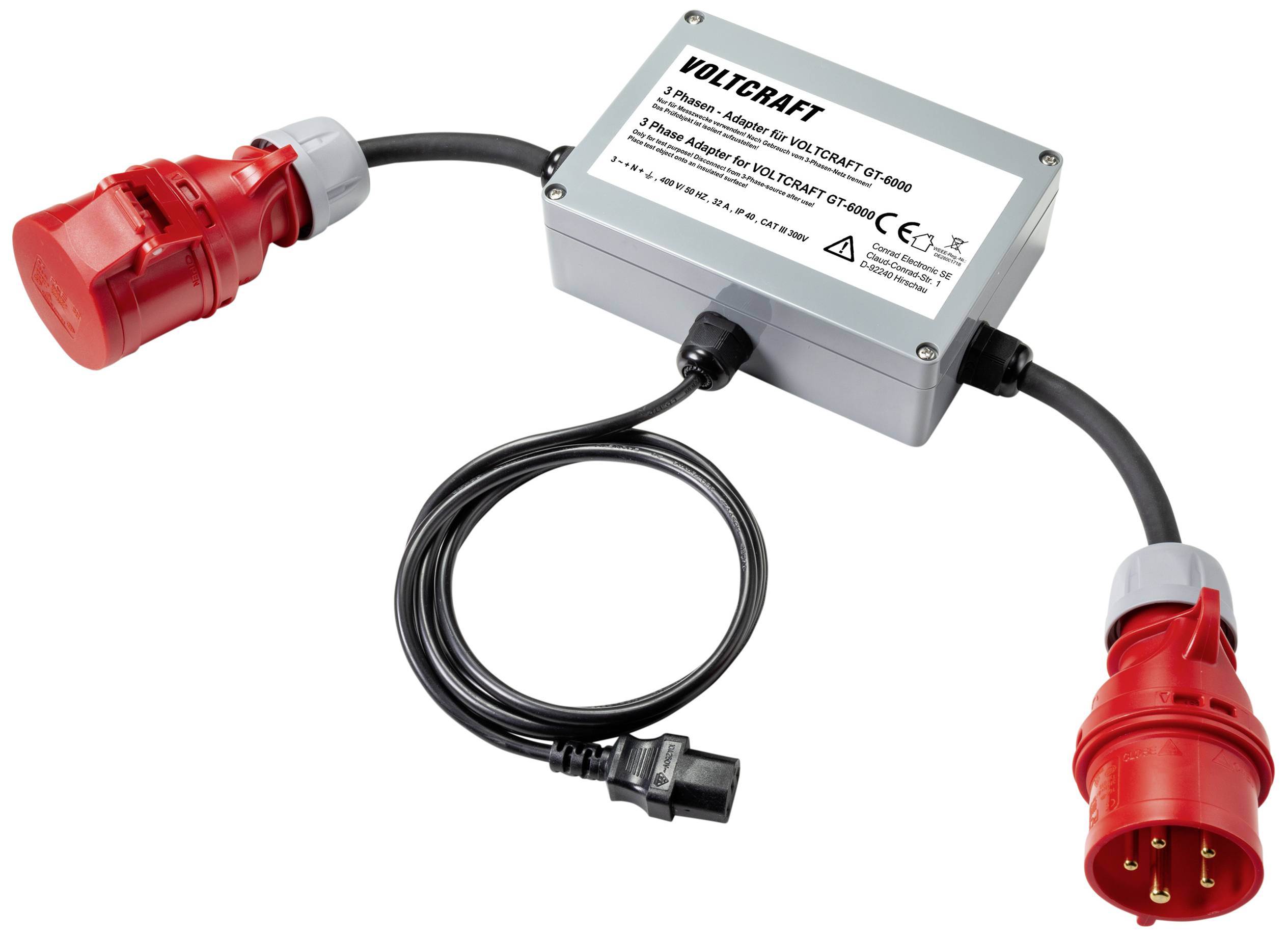Adapterkabel mit rotem Industrie-Steckverbinder und grauer Kontrollbox. Text auf Box: 'VOLCRAFT' mit technischen Spezifikationen.