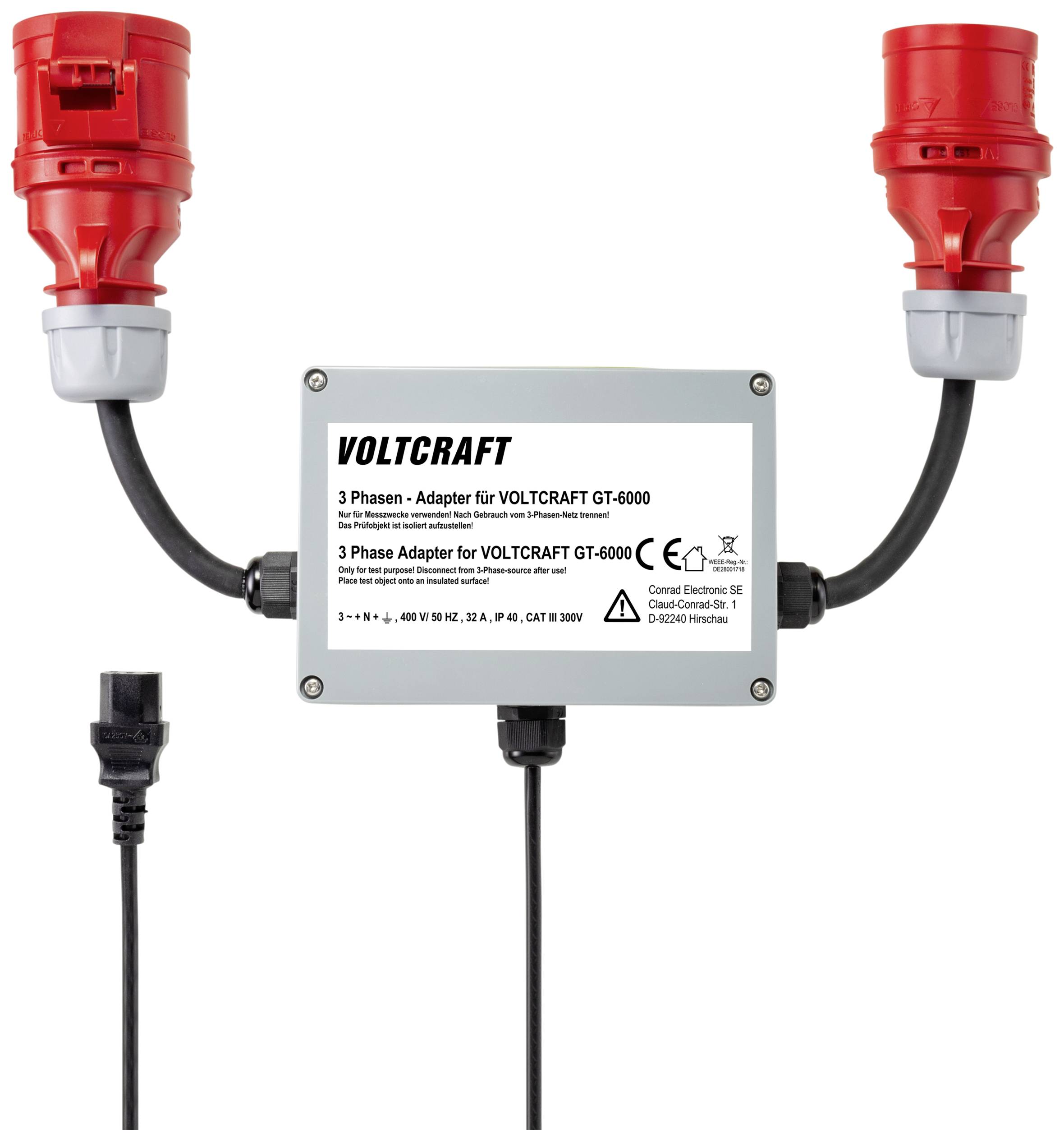 Ein dreiphasiger Adapter von Voltcraft GT-6000 mit zwei roten Steckern und einem schwarzen Netzkabel. Auf der Box steht die Modellnummer.