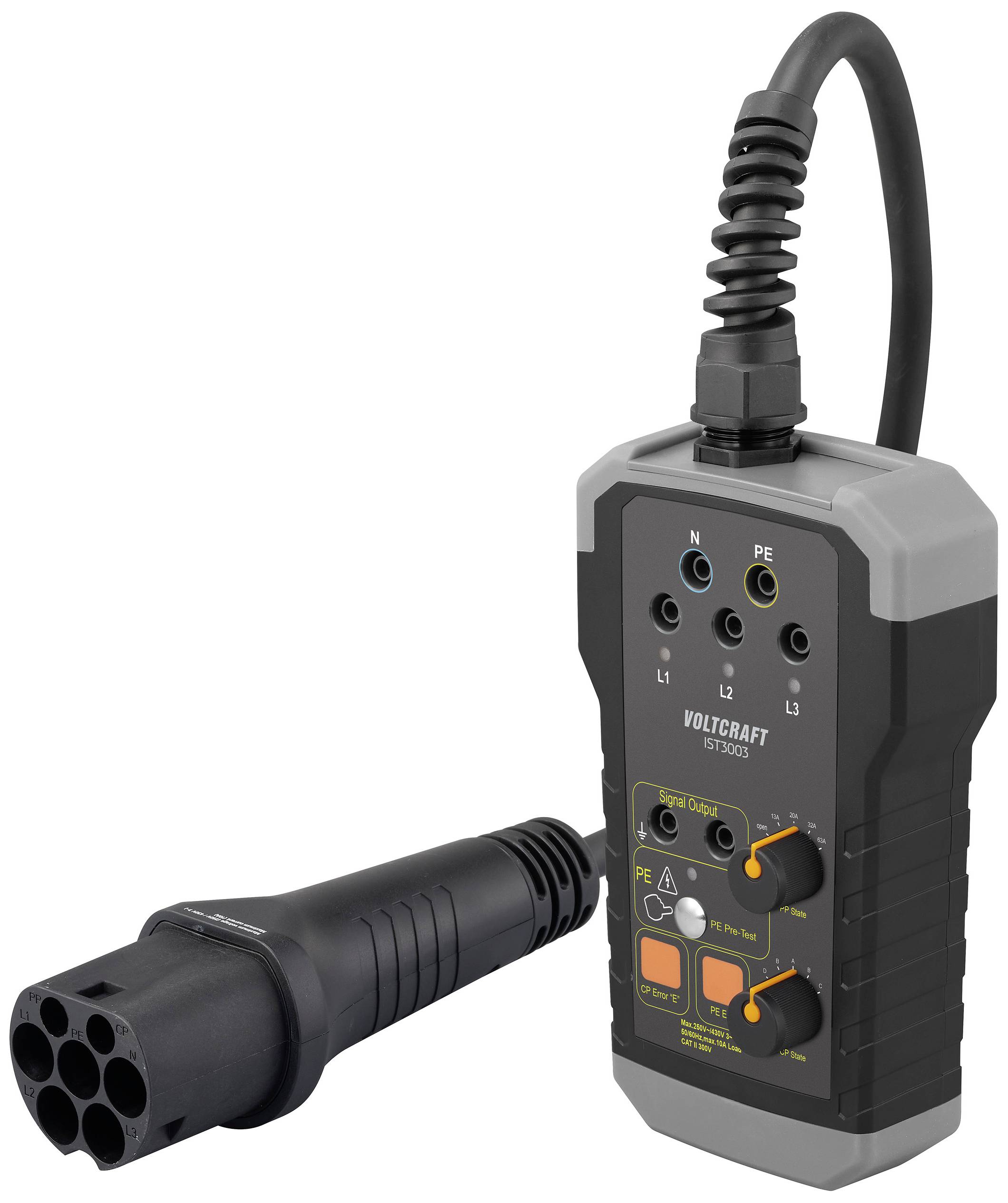 Ein Elektrofahrzeug-Ladekabeltester mit mehreren Anschlüssen und Kontrollleuchten für die Überprüfung der Stromverbindungen in Ladesystemen.