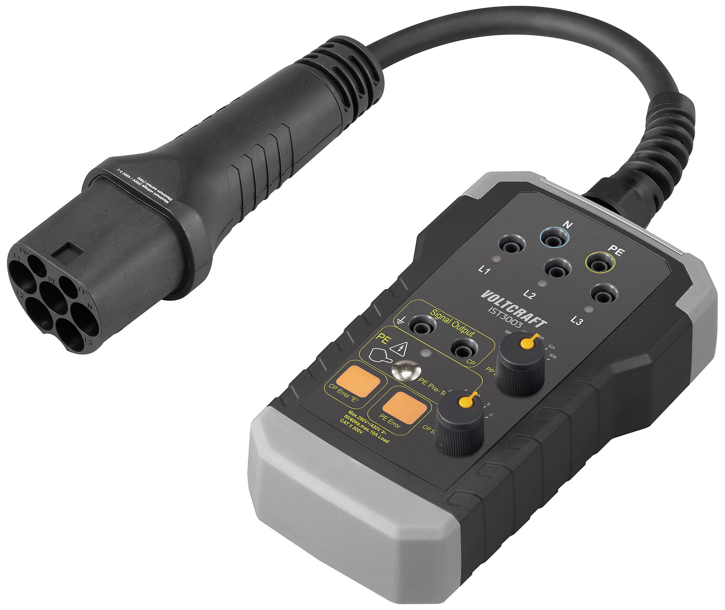 Ein Adapterkabel mit Steckverbindungen und Bedienknöpfen, verwendet zur Überprüfung der elektrischen Verbindungen und Funktionalität.