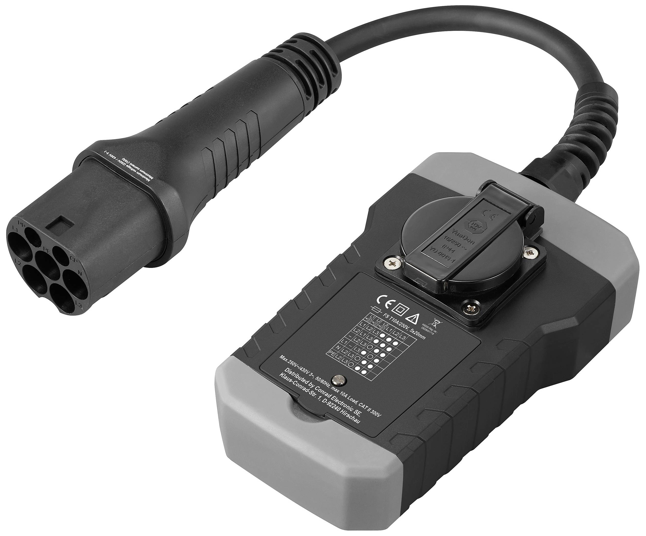 Ein schwarzer Adapter mit Stecker und Buchse zur Verbindung von elektronischen Geräten, geeignet für industrielle Anwendungen.