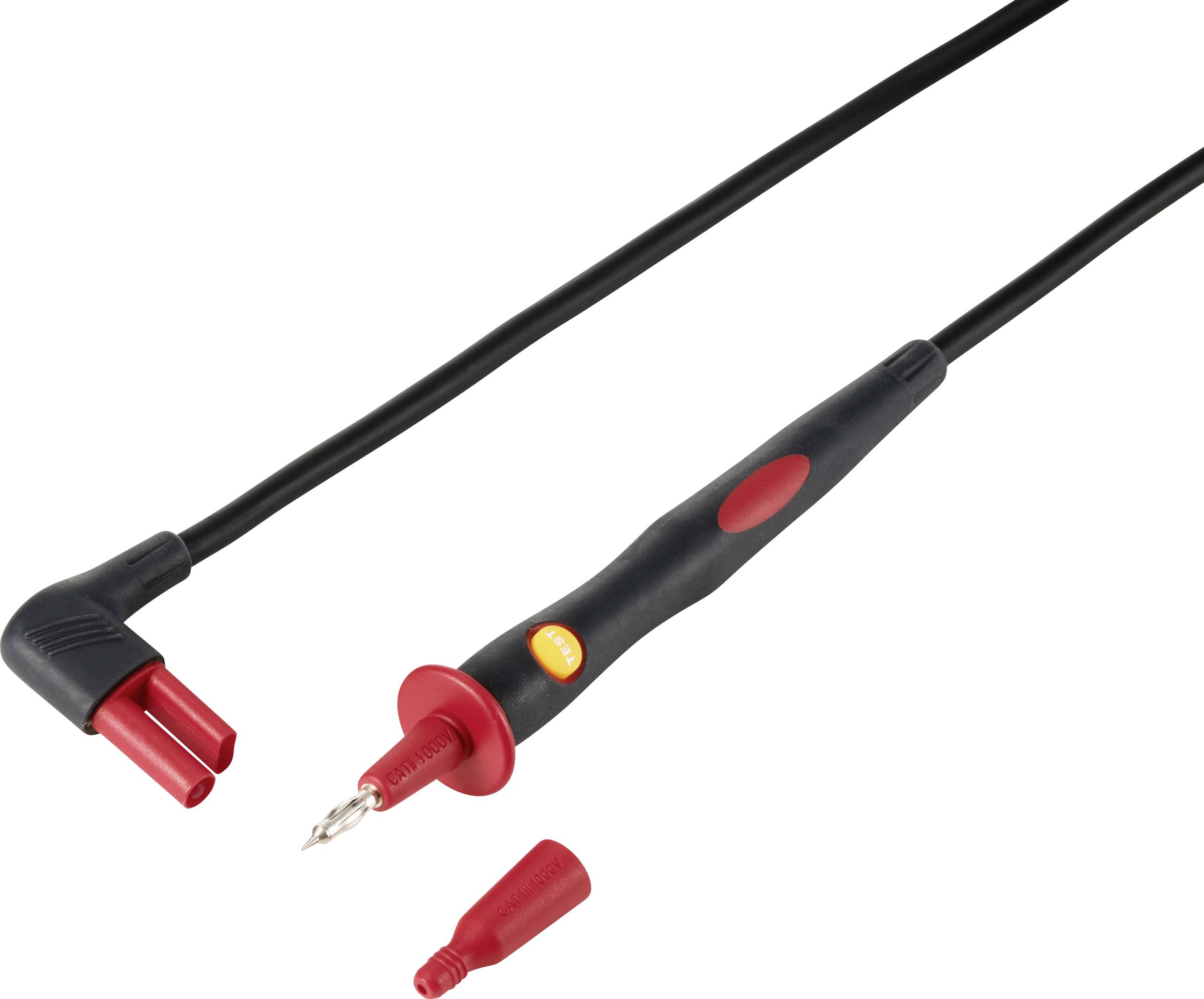 Ein rotes Prüfspitzengerät mit abnehmbarer Kappe und schwarzem Kabel, verwendet für elektrische Tests und Messungen.