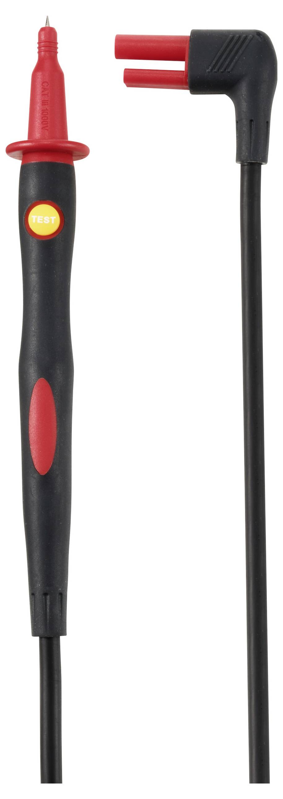 Ein rotes und schwarzes Messleitungsset mit einer Prüfspitze und einem abgewinkelten Stecker.