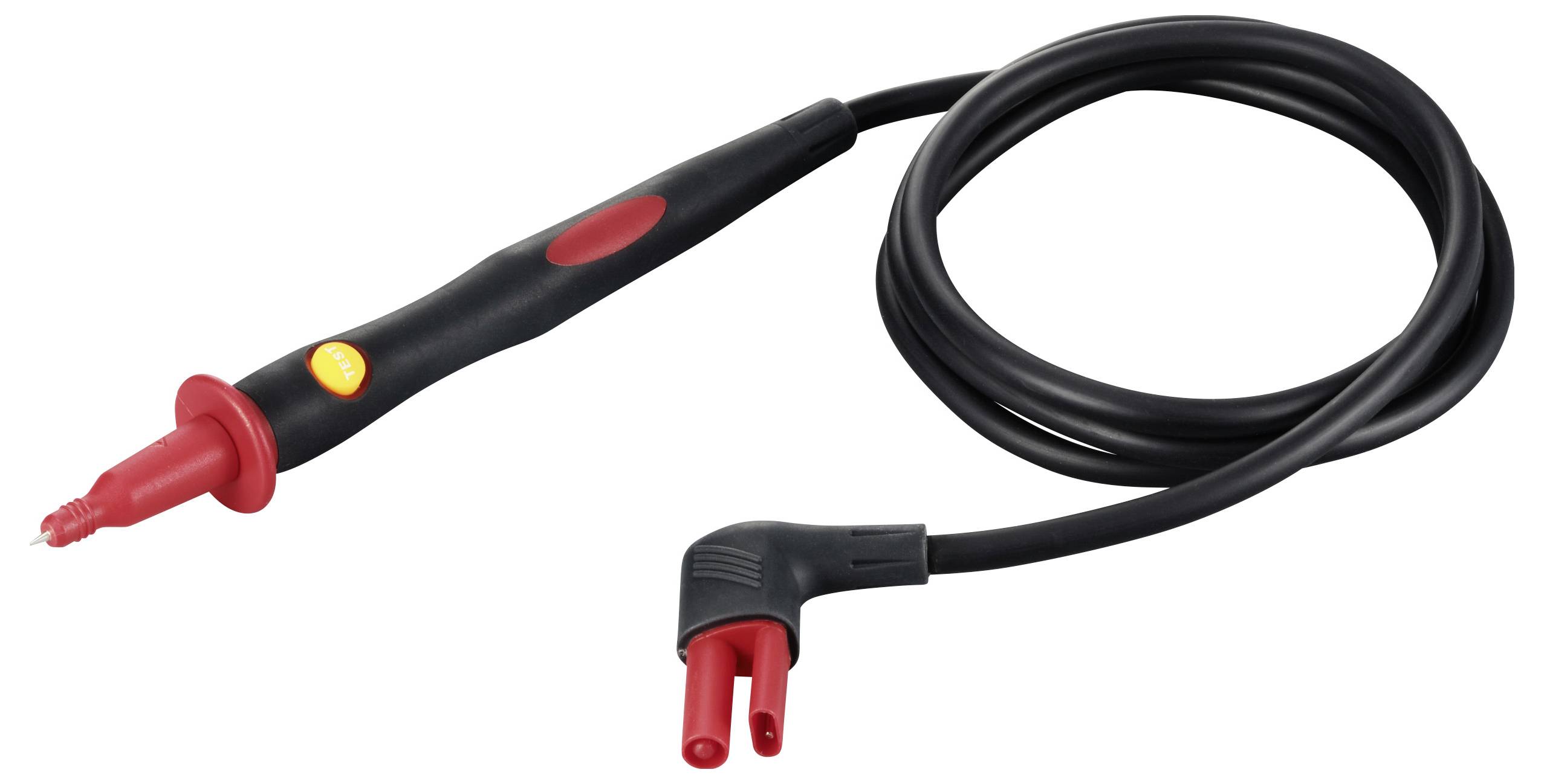 Schwarz-rotes Multimetermesskabel mit einer Prüfspitze und einem abgewinkelten Steckerende, zur Messung elektrischer Spannungen.